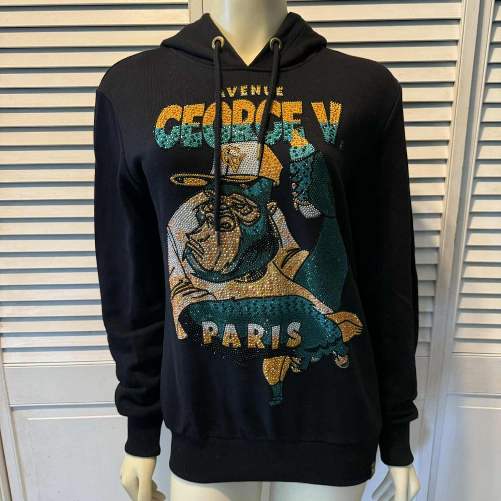Avenue George V Paris Hoodie Black/Green Rhinestone Graphic Size S